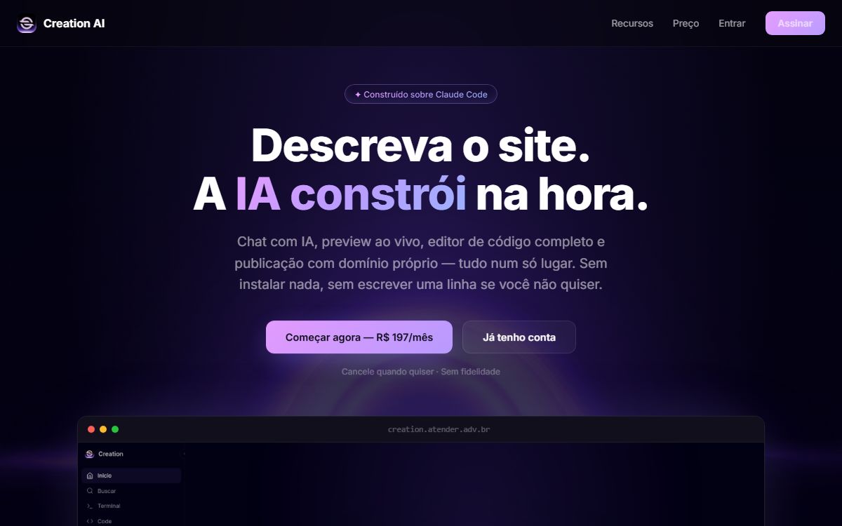 Tela da plataforma de Criação de Sites e Apps com IA