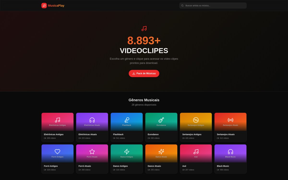 Tela da plataforma MusicaPlay, com mais de 8.800 videoclipes organizados por gênero