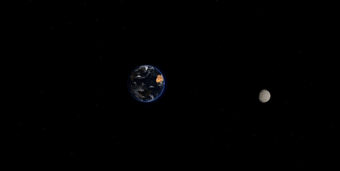 Simulação 3D da Terra vista do espaço, com a Lua ao fundo